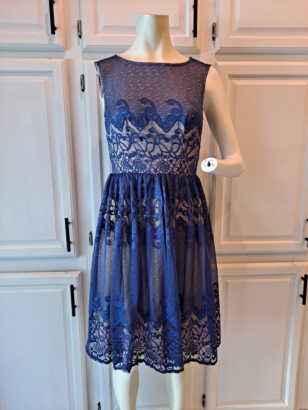 London Times Navy Lace Sleeveless Midi Formal Cocktail Fit-n-flare Skater Dress